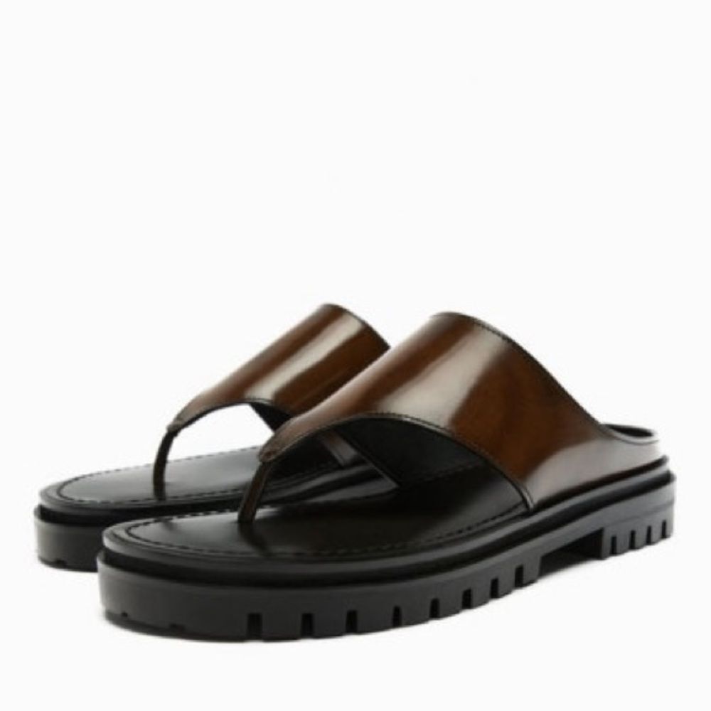 Zara Brown Leather Toe-Post Slide Sandals